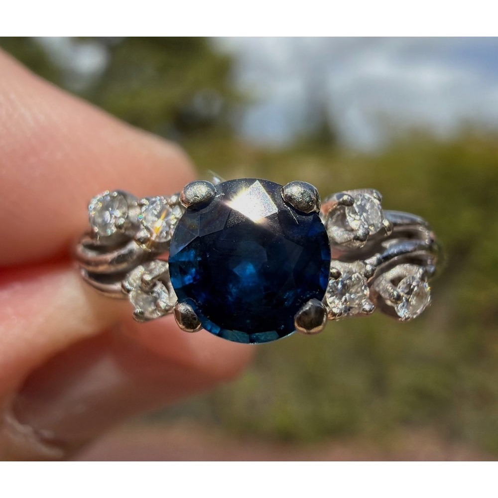 Vintage 14k Solid White Gold Natural Blue Sapphire Diamond Ring Size 6.75 2.89g